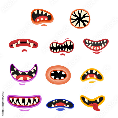 Terrible monster mouths and jaws. Scary lips teeth and tongue Halloween faces. Funny facial expression, emotions for Halloween cartoon vector illustration