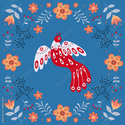 Vector frame with bird, flowers and leaves with different folk compositions. Motif in scandinavan style. Ethnic flat illustration with nordic detailed in trendy colors