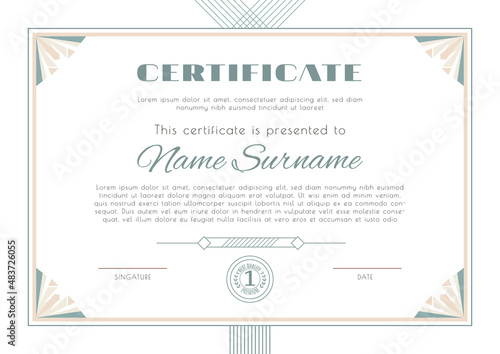 Art Deco style certificate . White blank with geometric ornamental frame. Business modern design. Vector illustration