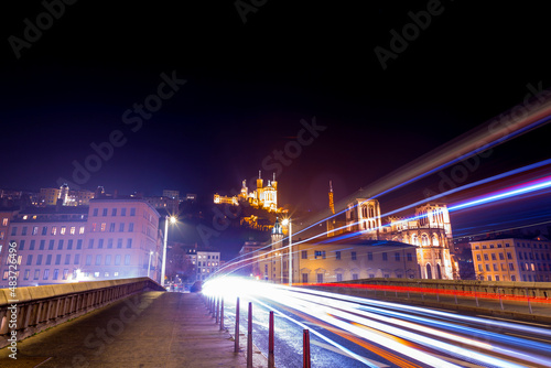 Night view of the Notre Dame de Fourviere Basilica on Fourviere Hill in Lyon, France