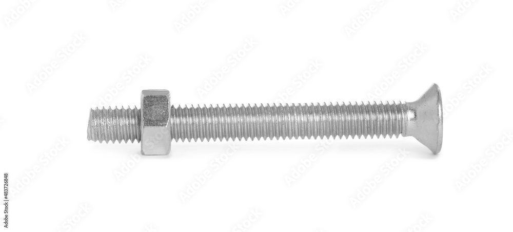 Metal plow bolt with hex nut isolated on white