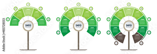 Set of agro business presentations with 5, 7 and  9 parts. Cycle of agricultural work. A chart or infographic divided by three options. Nature based production.