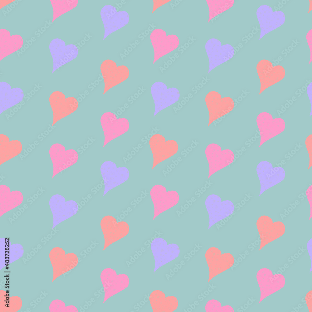 Simple seamless pattern with pastel hearts. Valentines day background. Design for packaging, notebooks, planner and textiles. Pastel pink, yellow and violet hearts on a blue background
