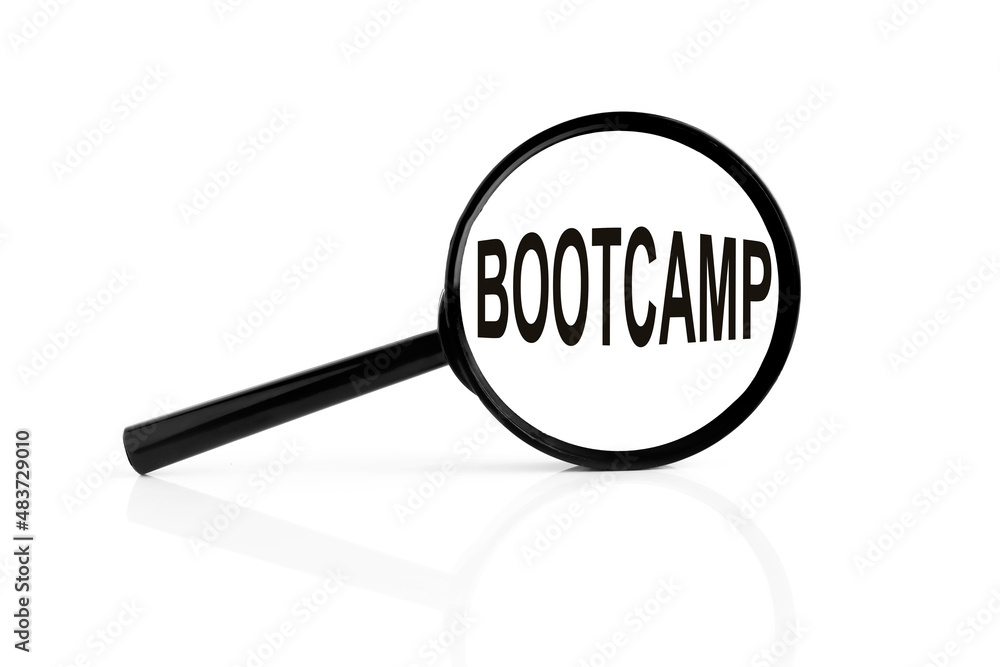 BOOTCAMP Black magnifying glass with text on white background BOOTCAMP Black magnifying glass with text on white background