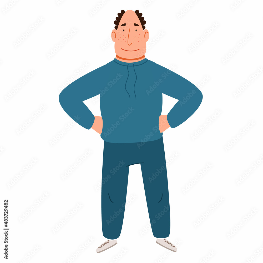 A gray-haired man in a tracksuit with his hands on his waist. Vector illustration in a flat cartoon style.