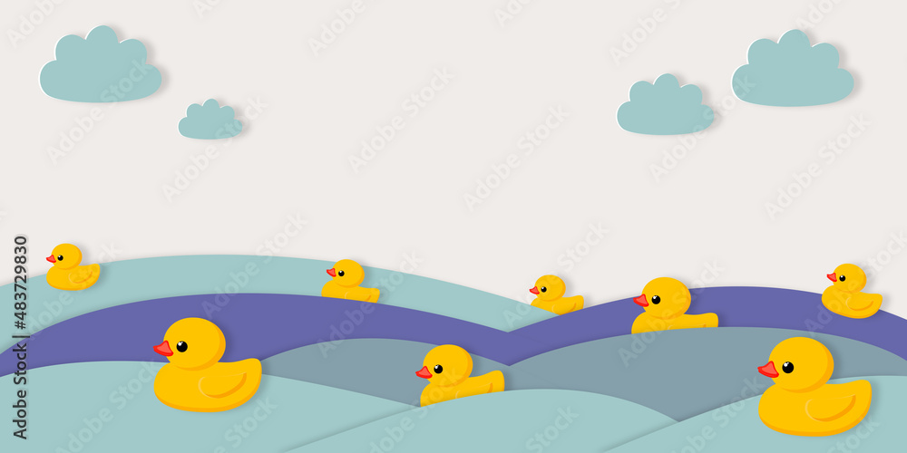 Fototapeta premium Holiday National Rubber Duck Day. Yellow cute ducklings have water races and cheer up in paper cut style. Water birds.