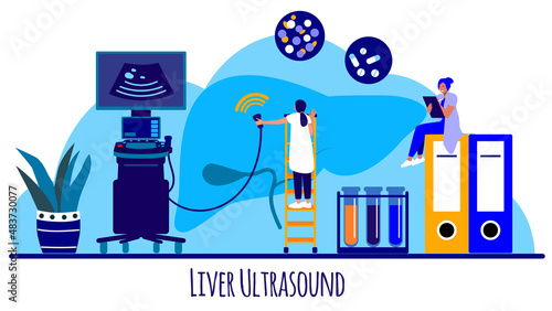Doctor is examining a liver and a gallbladder with an ultrasound scanner. Cancer, cirrhosis and hepatitis screening. Vector flat illustration, tiny person concept. 