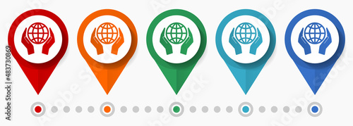 Globe, earth save concept vector icon set, flat design pointers, infographic template