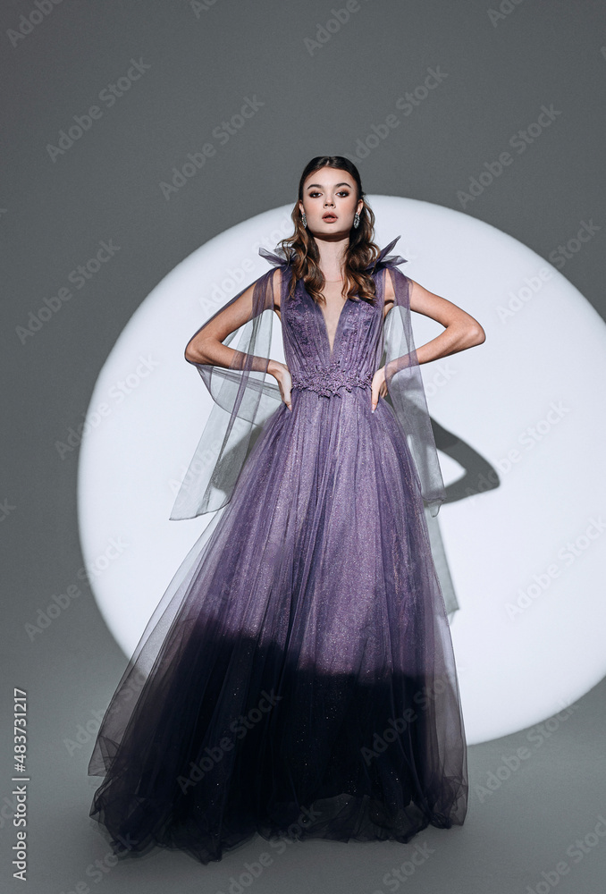 Fototapeta premium luxurious woman in an expensive evening dress in the light of a spotlight beam
