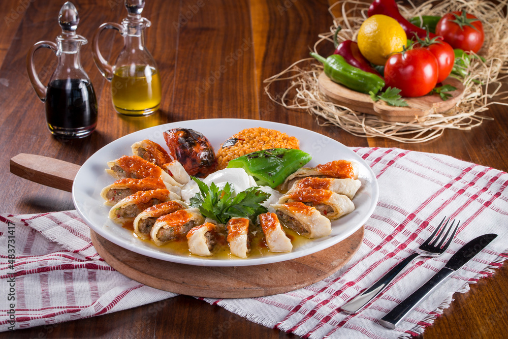 Turkish Food Beyti Kebap with yoghurt Turkish Food Beyti Kebap with yoghurt
