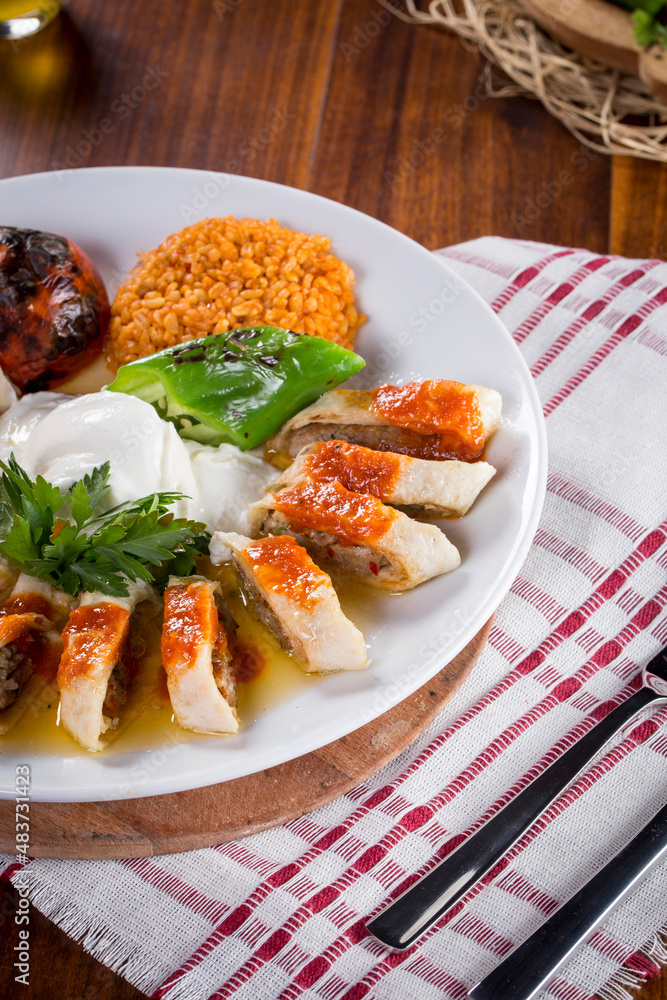 Turkish Food Beyti Kebap with yoghurt Turkish Food Beyti Kebap with yoghurt