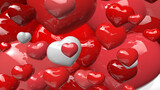 various sizes of red or white shinny hearts scattered in the air