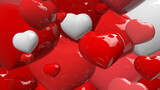zoom on Red or white shinny hearts scattered in the air