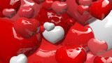 zomm on various sizes of red or white shinny hearts scattered in the air