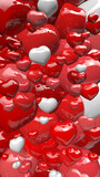 Hundred of Red or white shinny hearts scattered in the air in portrait format