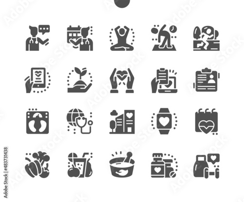 Global health care. Exercises morning. Healthcare, medical and medicine. Vegetables. Appointment doctor. Vitamins. Vector Solid Icons. Simple Pictogram
