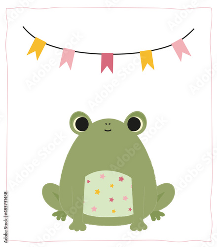Postcard with a frog in pastel colors. Children's illustration for greeting cards, invitation, poster, banner. Vector illustration.