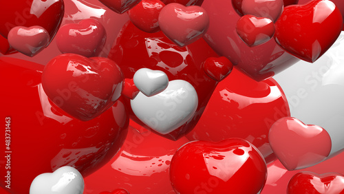 zomm on various sizes of red or white shinny hearts scattered in the air photo