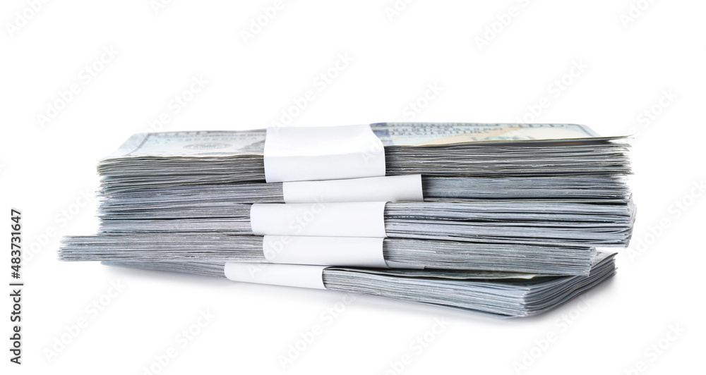 Bundles of dollar banknotes on white background. American national currency Bundles of dollar banknotes on white background. American national currency