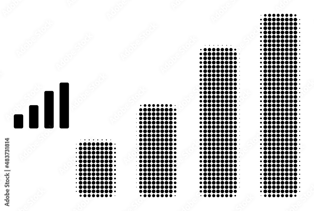 Bar chart halftone dotted vector. Bar chart vector icon mosaic is organized of halftone array which contains round elements. Bar chart halftone dotted vector. Bar chart vector icon mosaic is organized of halftone array which contains round elements.
