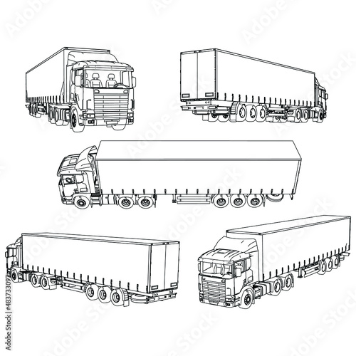 Vector truck trailer outline. Commercial vehicle. Cargo delivering vehicle.