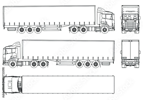 Vector truck trailer outline. Commercial vehicle. Cargo delivering vehicle.