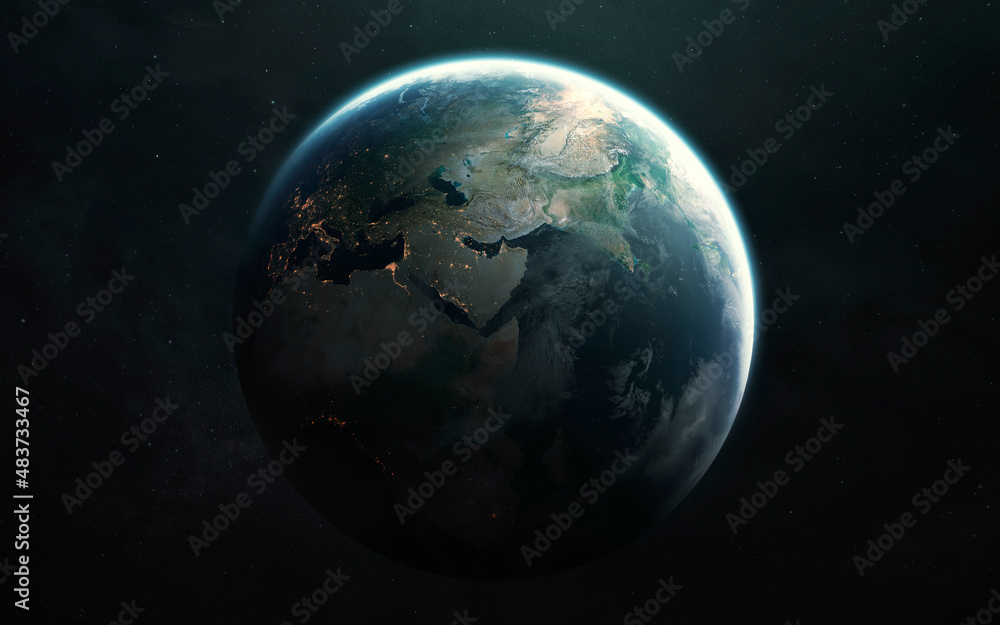 Africa, Europe, Asia. Planet Earth and Moon view from space. Elements of image provided by Nasa