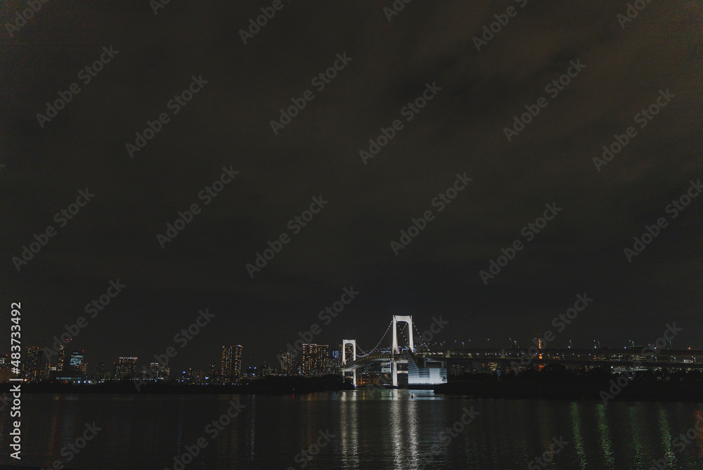 お台場から見た、夜のレインボーブリッジと東京の街並み