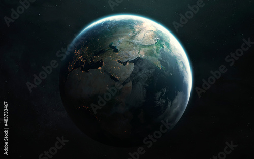 Africa, Europe, Asia. Planet Earth and Moon view from space. Elements of image provided by Nasa
