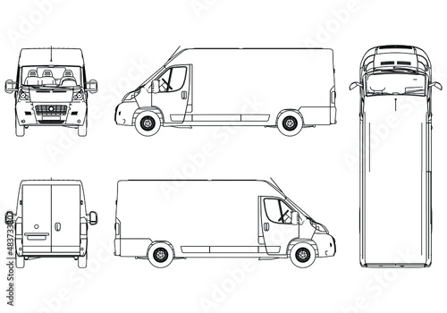 Vector outline van, lorry. Empty van template for advertising, for coloring. Freight transportation, delivery of goods, goods, products. Modern flat vector illustration isolated.