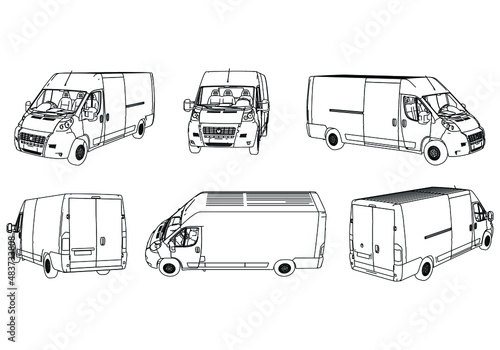 Vector outline van, lorry. Empty van template for advertising, for coloring. Freight transportation, delivery of goods, goods, products. Modern flat vector illustration isolated.