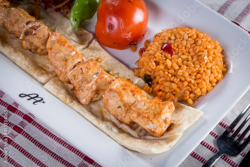 traditional chicken skewer with bulgur pilaf tavuk sis kebab
