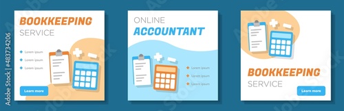 Online bookkeeping social media post, banner set, modern accountant advertisement concept, revenue calculator service business marketing square ad, abstract print, isolated on background
