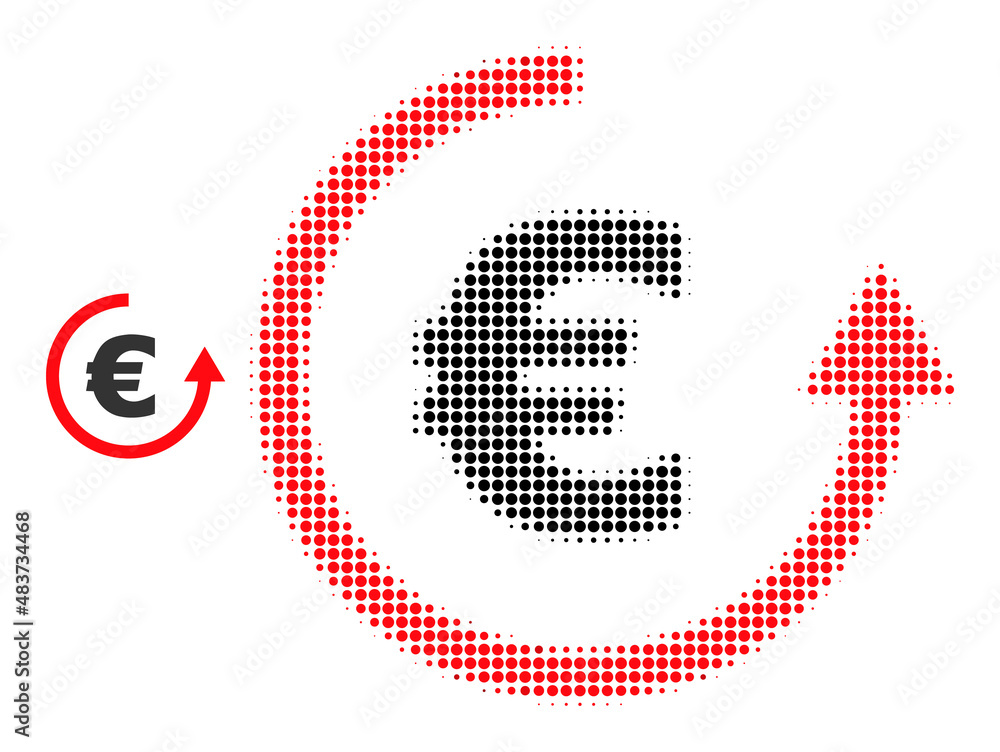 Euro refund halftone dotted icon. Euro refund vector icon mosaic is made of halftone array which contains circle dots.