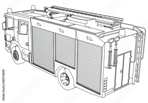 Fire engine truck crane realistic sketch. Fire truck template vector isolated on white.