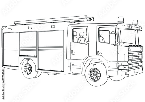 Fire engine truck crane realistic sketch. Fire truck template vector isolated on white.