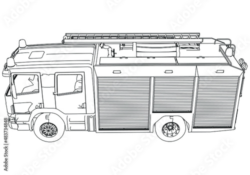 Fire engine truck crane realistic sketch. Fire truck template vector isolated on white.