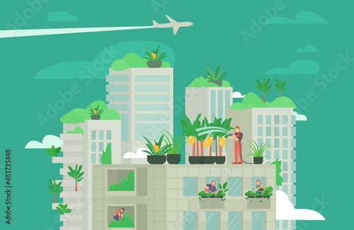 Controlled-environment smart agriculture. Vertically growing crops. Vector illustration.