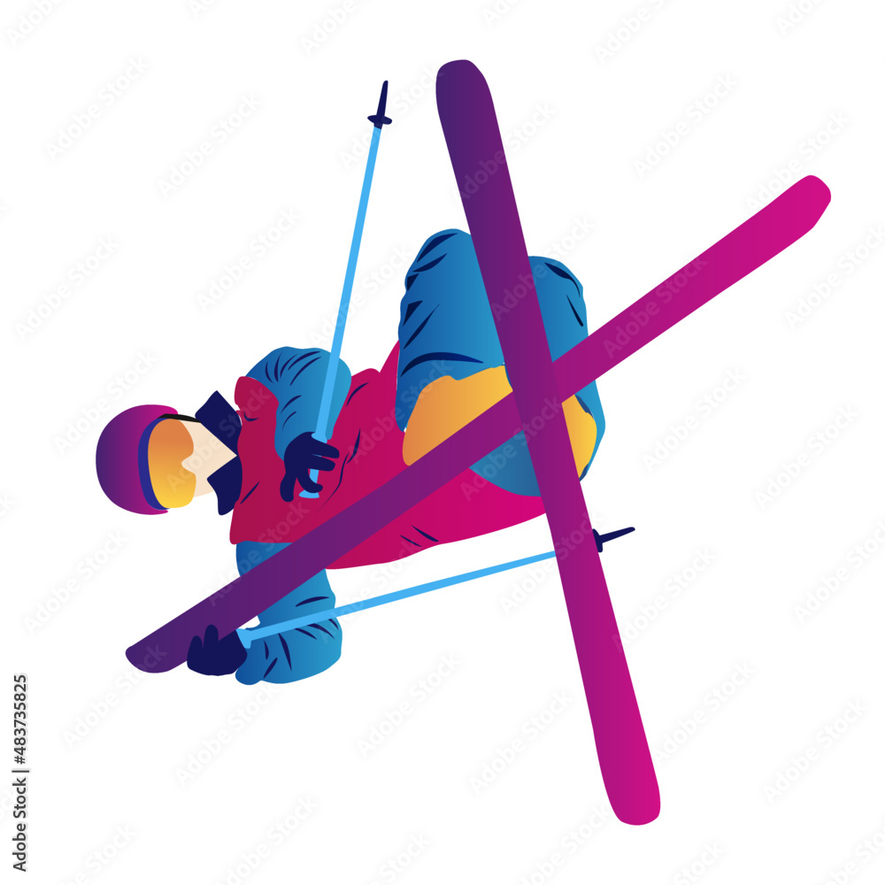  abstract man ski jumping on a blue background. Ski Jumping, Freeski Big Air, Freeski Halfpipe - obrazy, fototapety, plakaty 