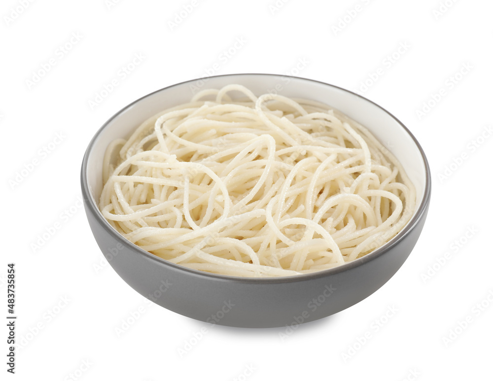 Bowl of tasty cooked rice noodles isolated on white Bowl of tasty cooked rice noodles isolated on white