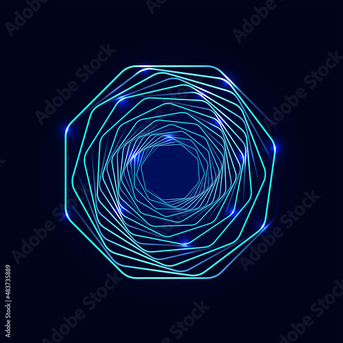Blue twisted futuristic spirals. Wavy fractal with a linear outgoing gradient. Abstract wireframe linear tunnel. Graphic spiral technology. Vector illustration for a website.