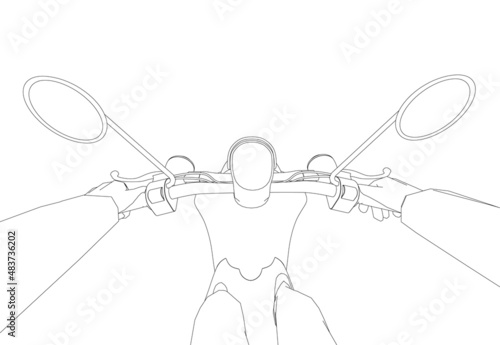 Outline of a man riding a moped from black lines isolated on a white background. First-person view. Vector illustration