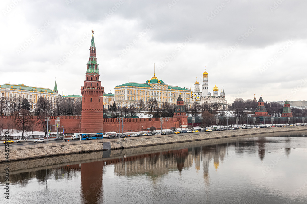 View of the Kremlin Towers and the Grand Kremlin Palace on a cloudy winter day