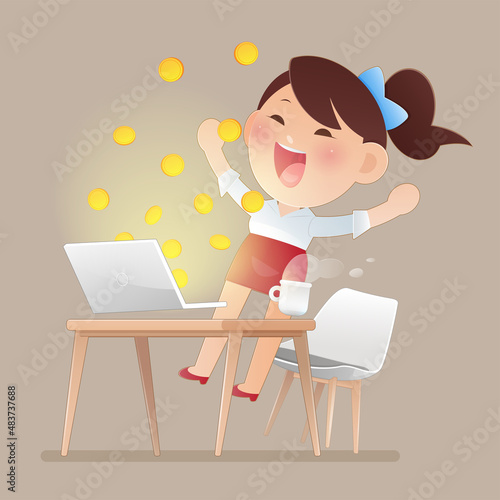 A successful girl investor using a laptop building online business making money. Profitable investment and stock market income. illustration and vector design.