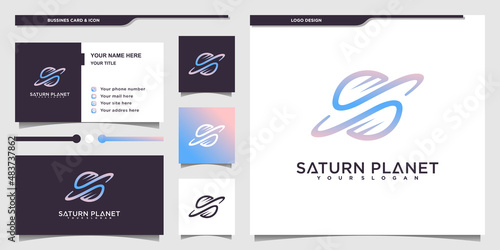 Saturn planet logo with unique line art style and business card design Premium vektor
