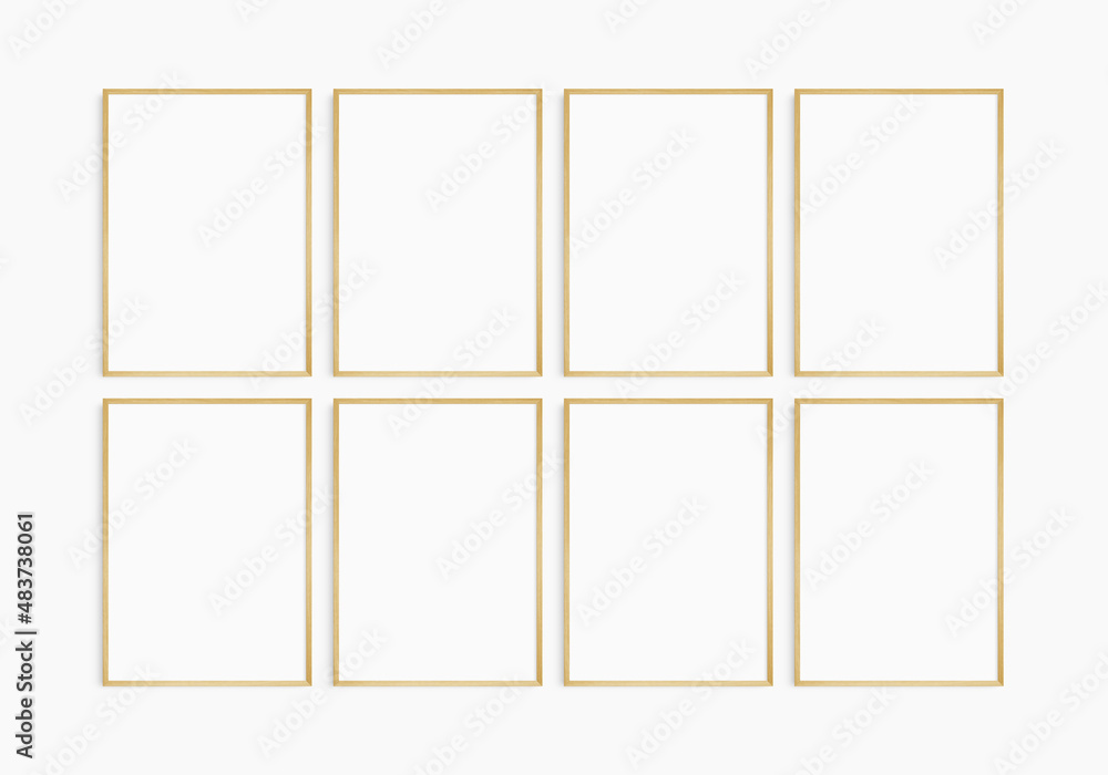 Frame mockup 5x7, 50x70, A4, A3, A2, A1. Set of eight thin oak wood frames. Gallery wall mockup, set of 8 frames. Clean, modern, minimalist, bright. Portrait. Vertical. Frame mockup 5x7, 50x70, A4, A3, A2, A1. Set of eight thin oak wood frames. Gallery wall mockup, set of 8 frames. Clean, modern, minimalist, bright. Portrait. Vertical.