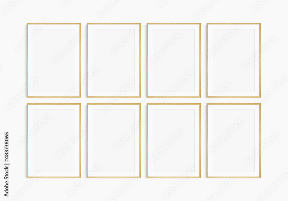 Frame mockup 5x7, 50x70, A4, A3, A2, A1. Set of eight thin oak wood frames. Gallery wall mockup, set of 8 frames. Clean, modern, minimalist, bright. Portrait. Vertical. Mat opening 2:3. Frame mockup 5x7, 50x70, A4, A3, A2, A1. Set of eight thin oak wood frames. Gallery wall mockup, set of 8 frames. Clean, modern, minimalist, bright. Portrait. Vertical. Mat opening 2:3.