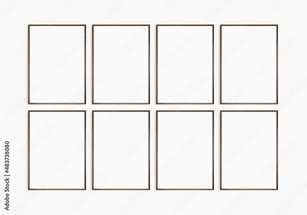 Frame mockup 5x7, 50x70, A4, A3, A2, A1. Set of eight thin dark brown walnut wood frames. Gallery wall mockup, set of 8 frames. Clean, modern, minimalist, bright. Portrait. Vertical. Frame mockup 5x7, 50x70, A4, A3, A2, A1. Set of eight thin dark brown walnut wood frames. Gallery wall mockup, set of 8 frames. Clean, modern, minimalist, bright. Portrait. Vertical.