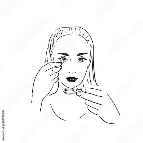 A woman puts on or removes eye lenses. Stock vector illustration isolated on white background.