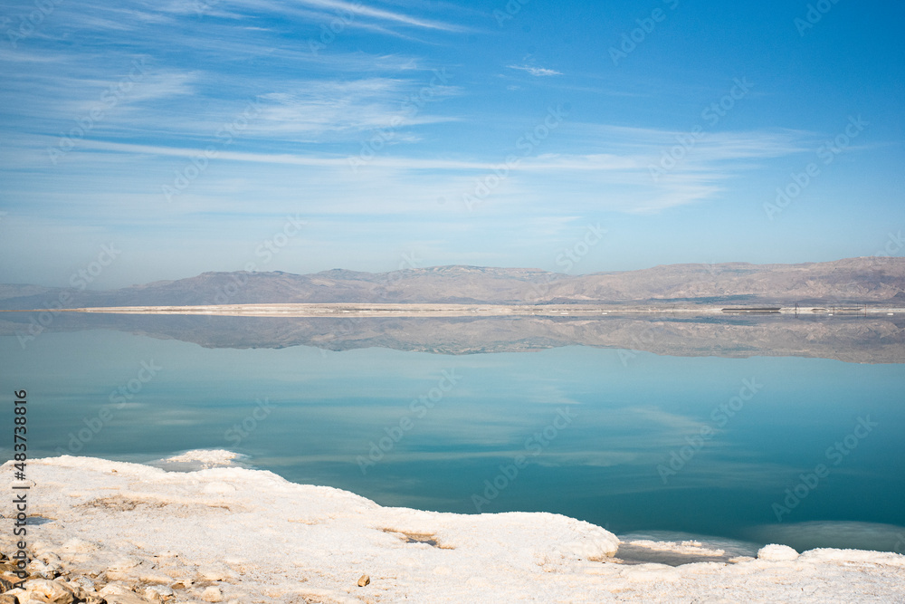 typical landscape on the shore of the Dead Sea, salt sea, Israel,